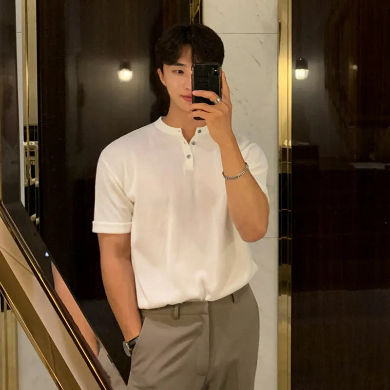 Men's slim-fit ice silk knitted shirt in black, khaki, or white colours