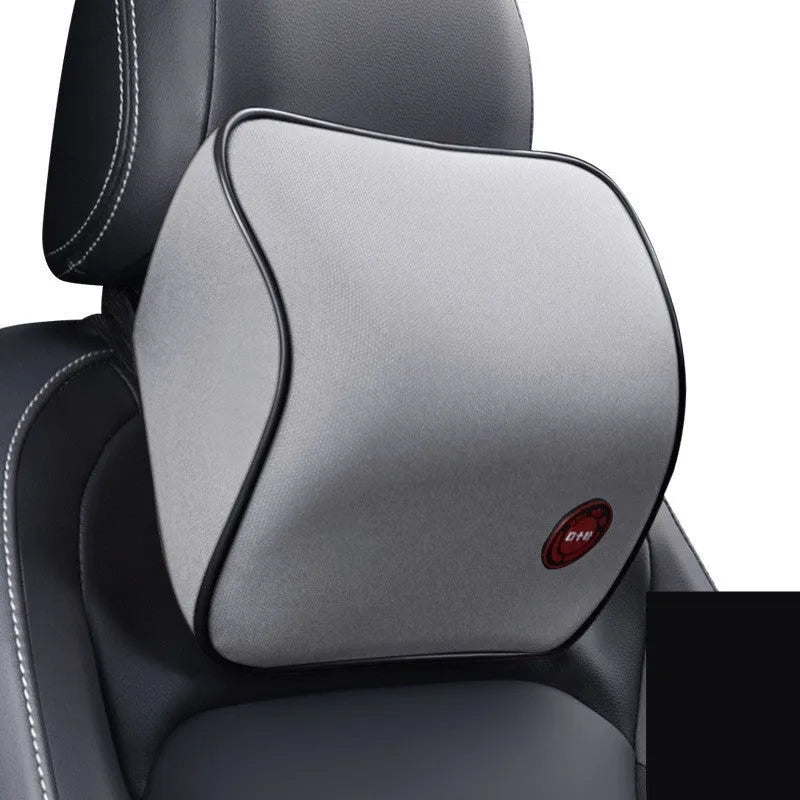 Car headrest and lumbar support pillow set in black, grey, coffee, or red, with polyester cover and bamboo charcoal memory foam filling, 0.9kg.