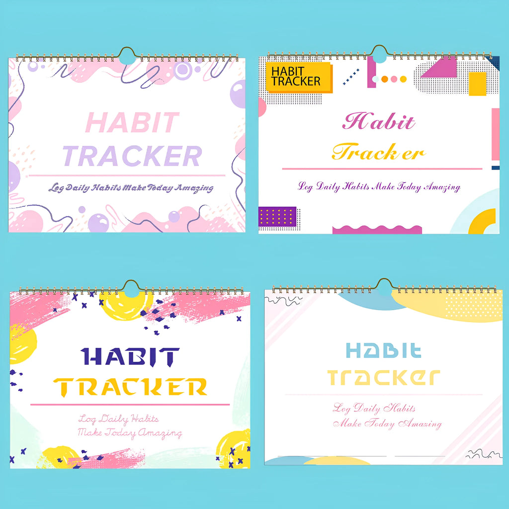 English habit tracking book with 12 pages measuring 21cm by 28cm in multiple colour options