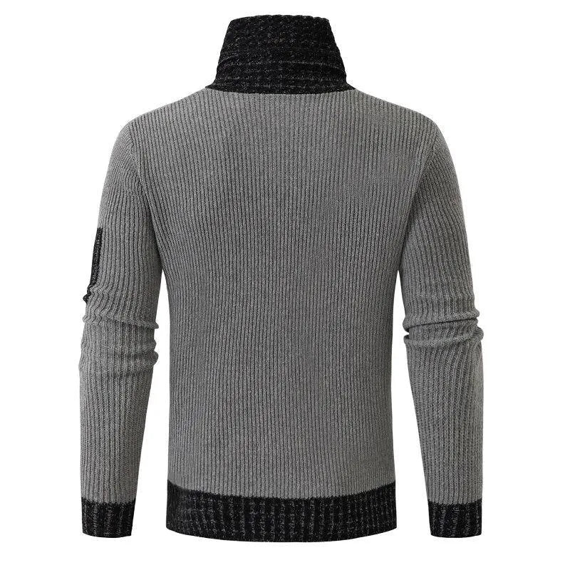 Men's casual slim knit pullover with scarf collar in khaki, ribbed bottom hem, long sleeves