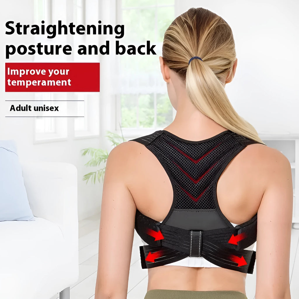 Black adjustable anti-humpback posture correction belt shown on size chart