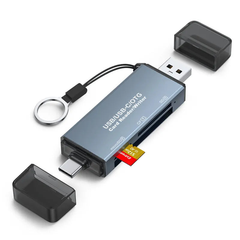 CF SD TF three-in-one card reader with aluminium alloy casing showing card slots and USB connector