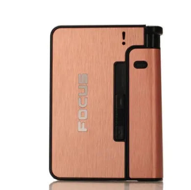 Two aluminium alloy automatic cigarette cases with brushed metal finish, one-button discharge, and removable lighter core on a dark background