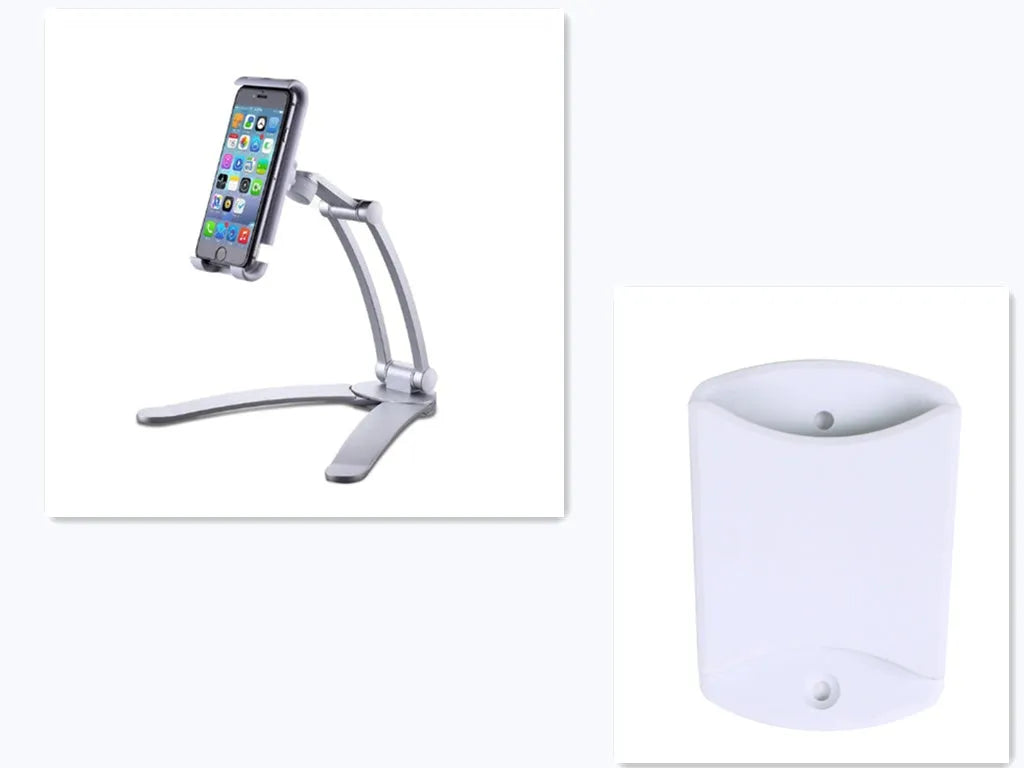 Silver aluminum alloy desktop tablet stand with white mount holding a tablet at an angle