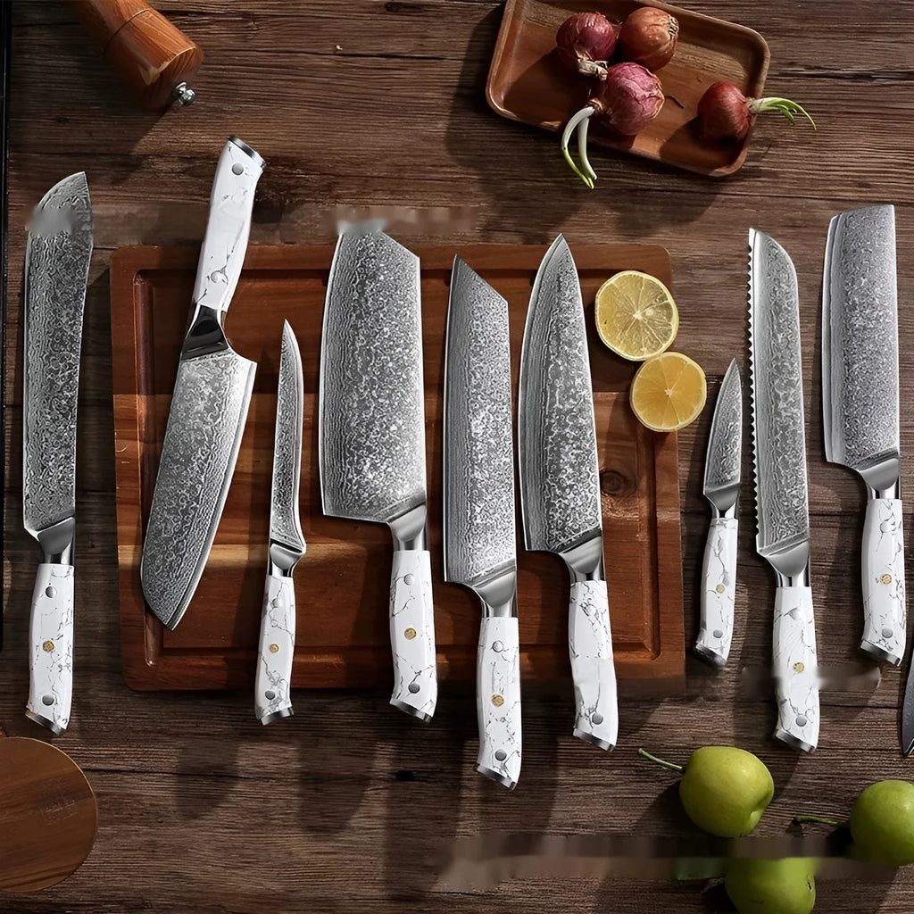 Damascus pattern VG10 steel chef knife with 21cm blade on cutting board