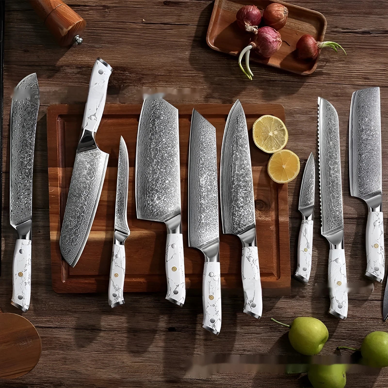 Damascus pattern VG10 steel chef knife with 21cm blade on cutting board