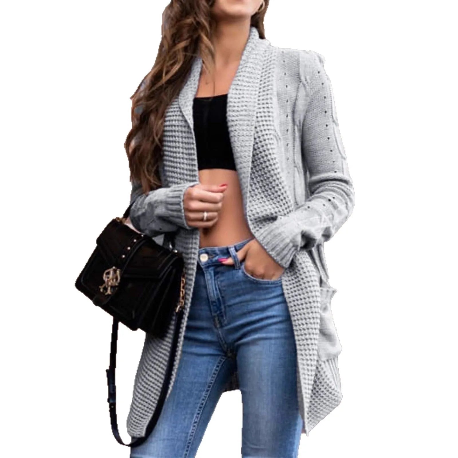 Women's grey cardigan coat with pockets showing loose street fashion style