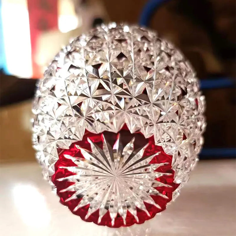 Red hand-carved crystal glass cup with Japanese Jianghu cut pattern, cylindrical shape, 201-300 ml capacity