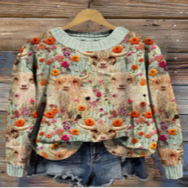 Little flower digital printed round neck polyester sweater in extended sizes S to 4XL