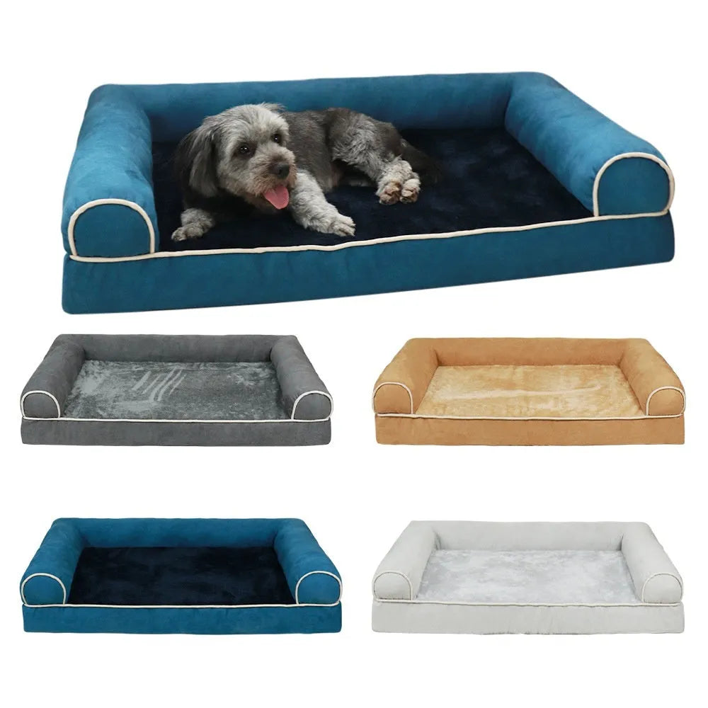 Square dark grey sponge dog bed with breathable cloth cover on a wooden floor.