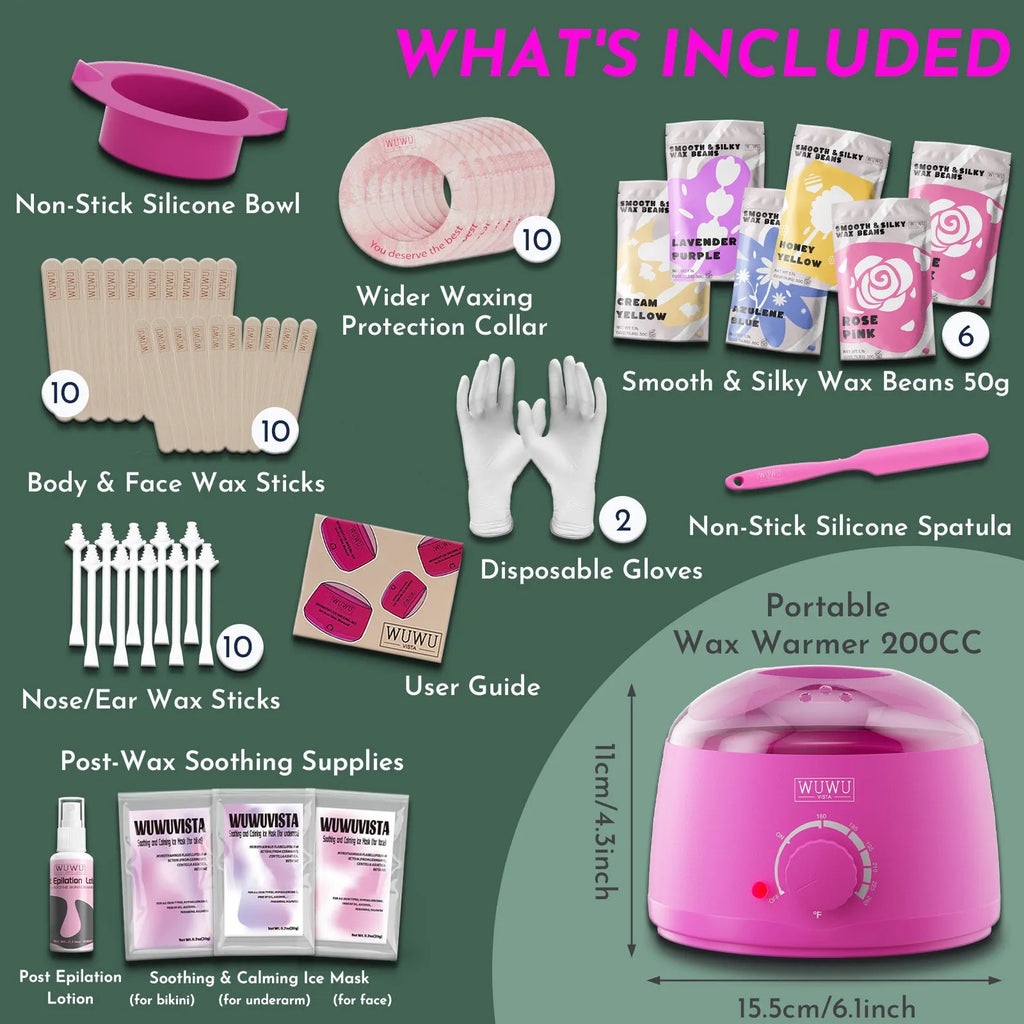 WUWUVISTA professional waxing kit with black wax warmer, coloured wax beads, applicators and aftercare products