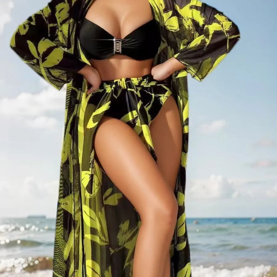 Women's three-piece printed swimsuit set with long shirt, high-waist panties, and bikini top in black