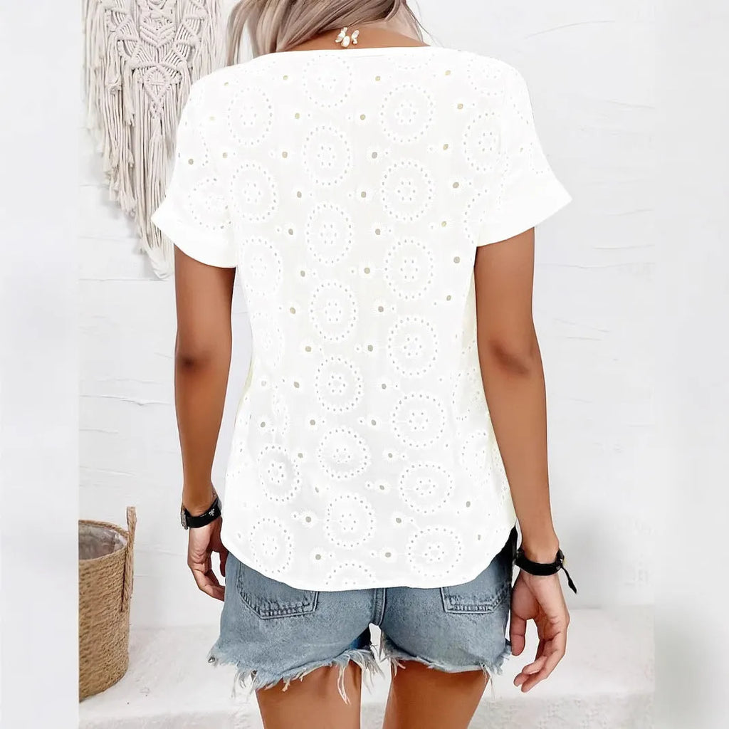 White women's V-neck t-shirt with hollow out detailing and short sleeves