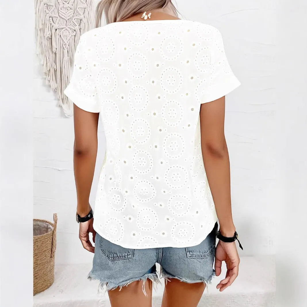 White women's V-neck t-shirt with hollow out detailing and short sleeves