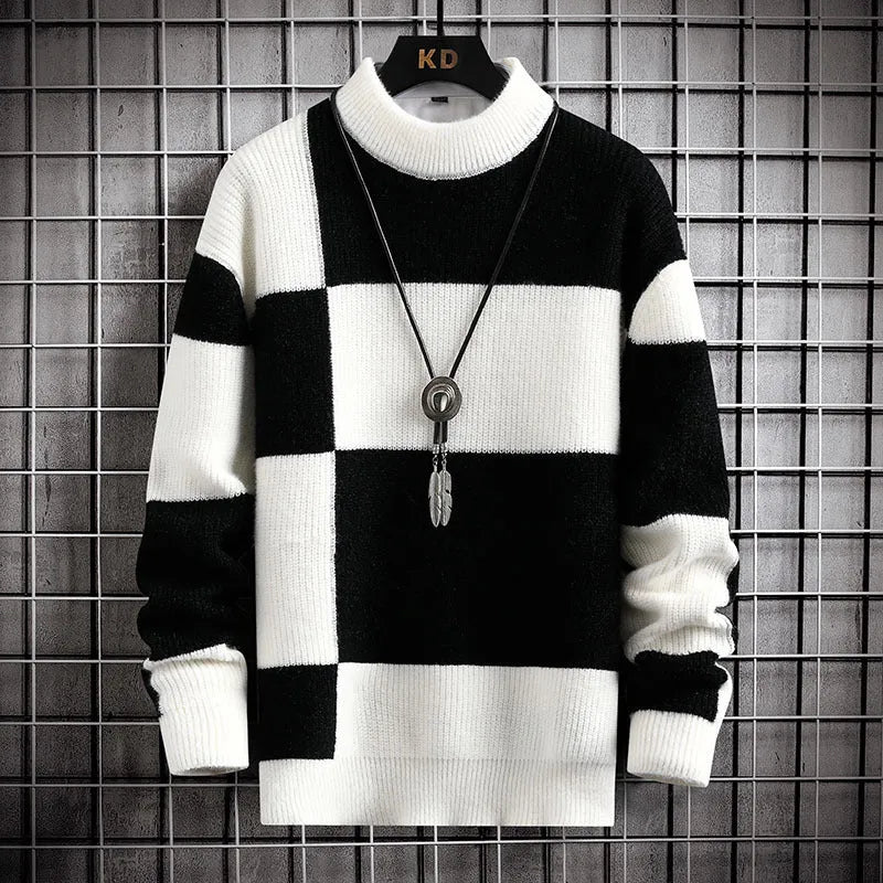 Polyester men's casual cardigan sweater coat in colour block design with black and white panels