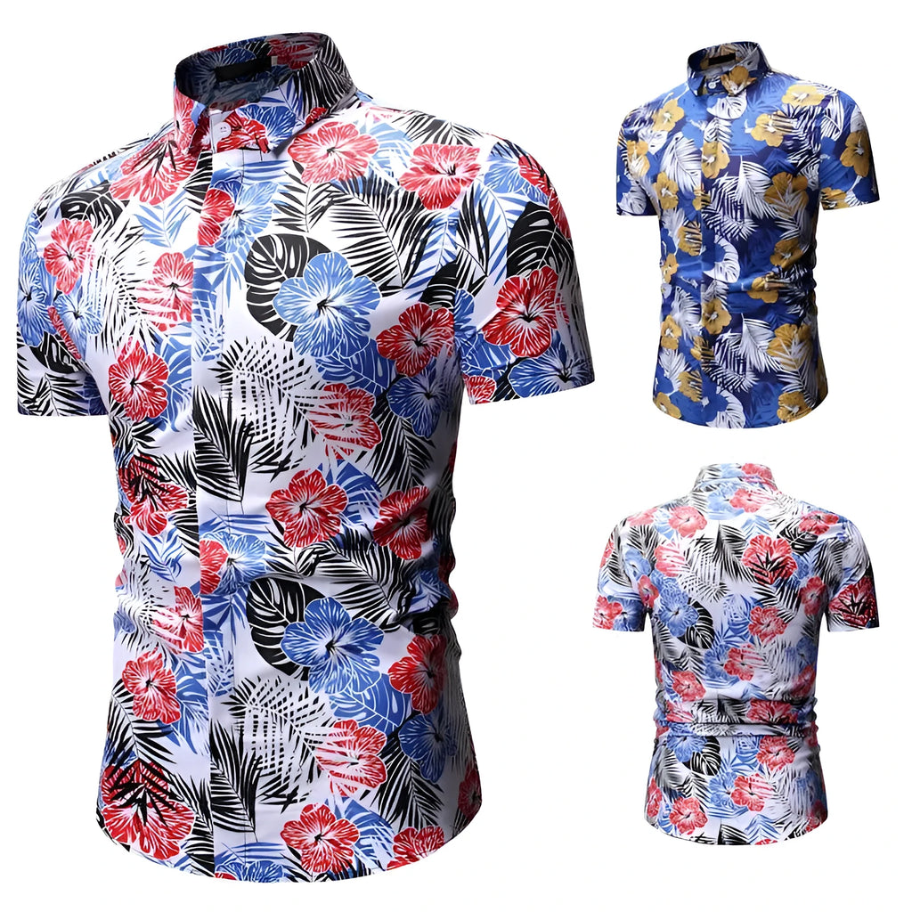 Men's summer beach short-sleeved floral shirt with square collar in blue and white polyester