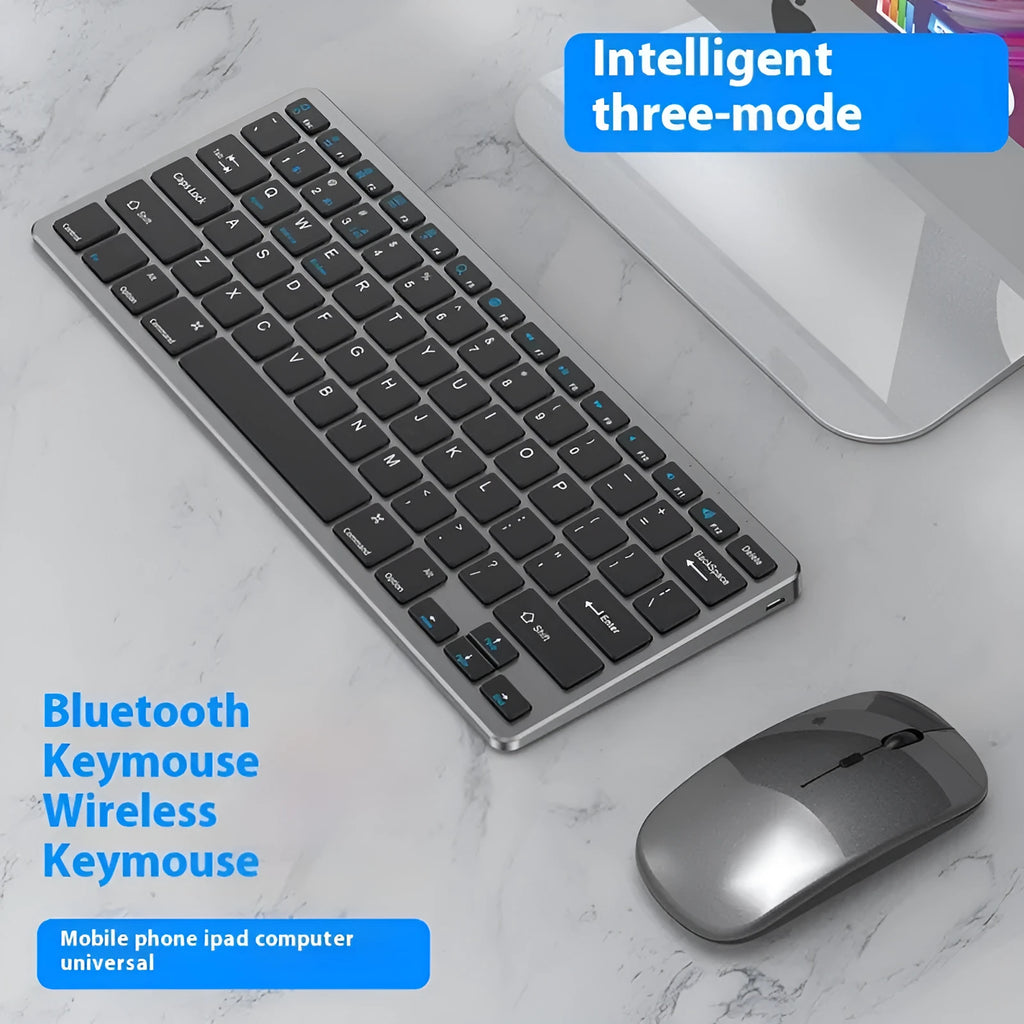 Ultra-thin wireless keyboard and mouse combo in black, gun colour, or silver with USB receiver and protective cover.