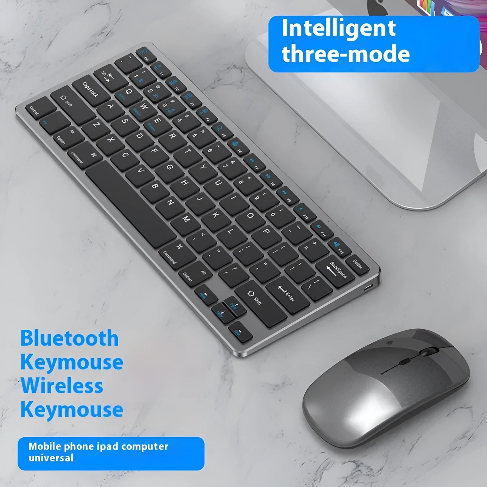 Ultra-thin wireless keyboard and mouse combo in black, gun colour, or silver with USB receiver and protective cover.