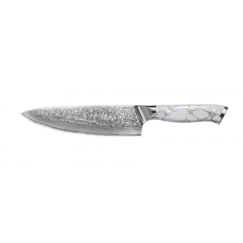Damascus pattern VG10 steel chef knife with 21cm blade on cutting board