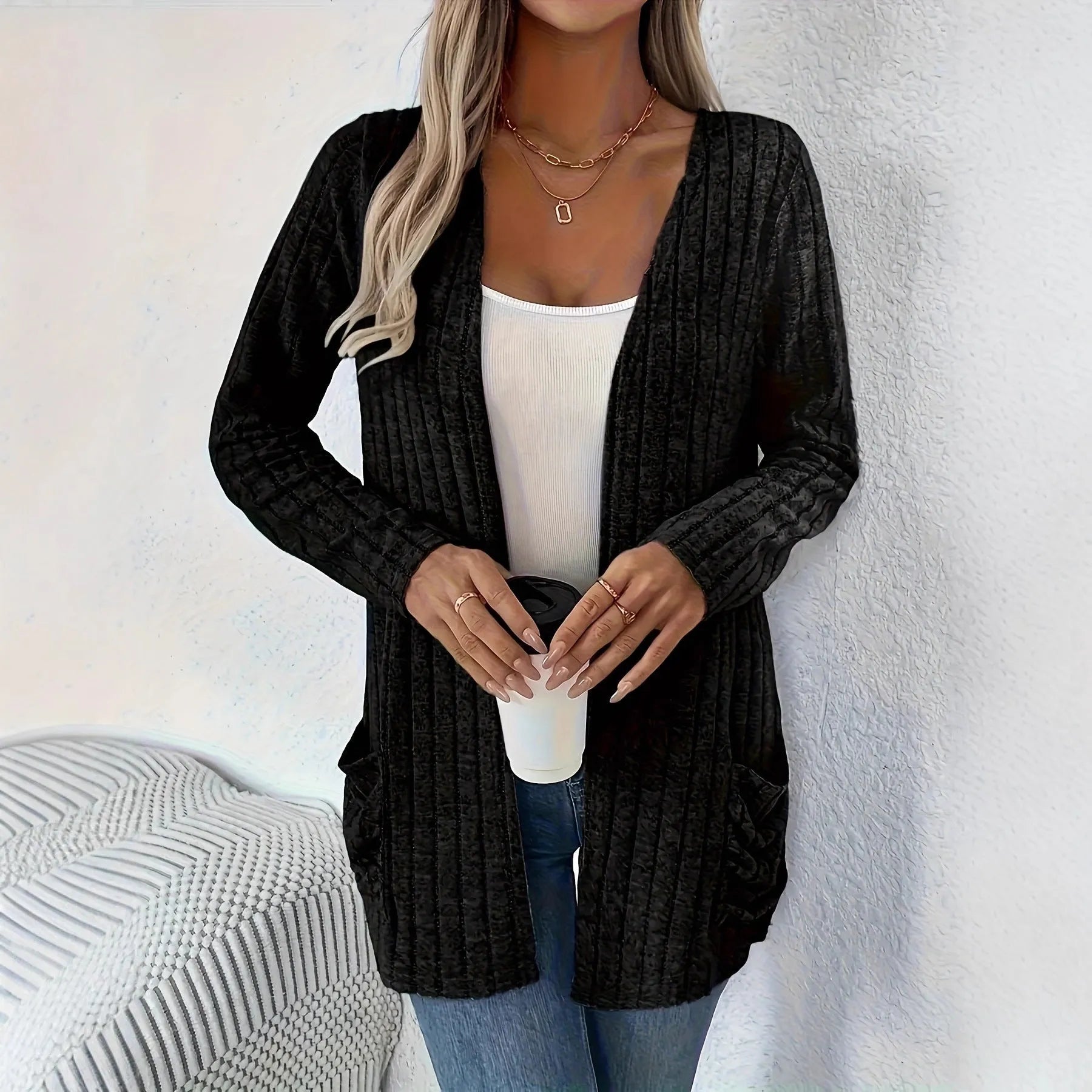 Granny grey loose fit long sleeve cardigan with pocket showing front view
