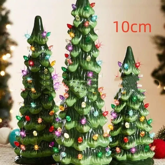European-style resin Christmas tree decoration in various sizes with coloured or warm lighting options.