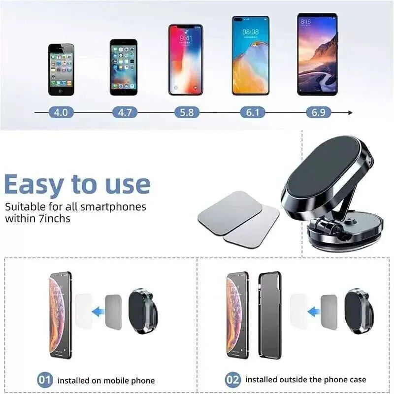 Chrome alloy folding magnetic car phone holder with 360-degree rotation on dashboard