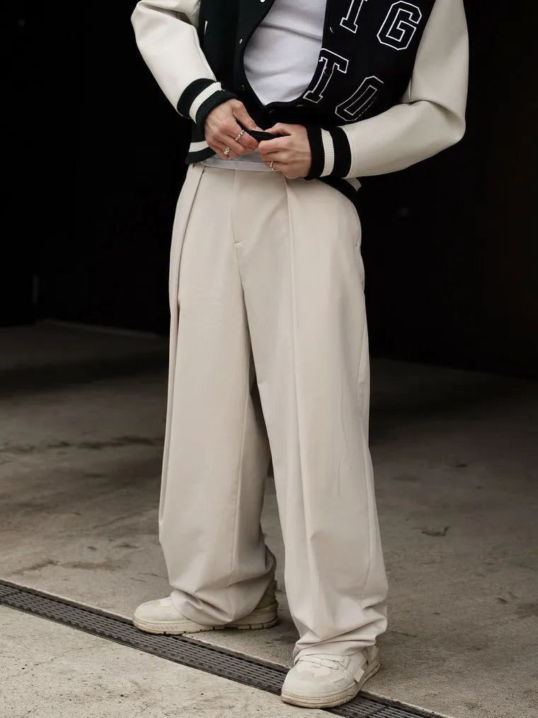 High-waisted pleated casual pants for women, beige, regular fit, full-length polyester trousers