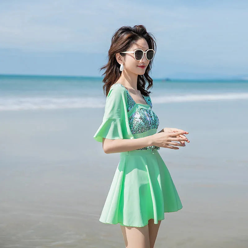 Women's blue and green seaside print one-piece swimsuit in chemical fibre blend fabric