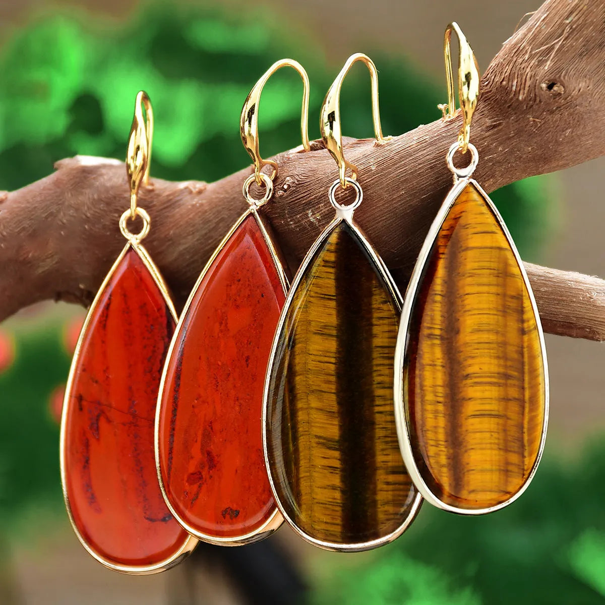 Handmade vintage long water drop earrings in Tigereye stone with textured details