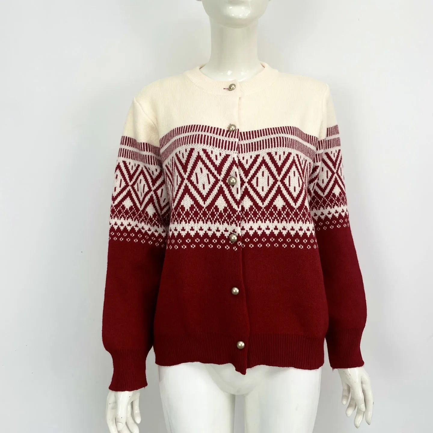 Women's alpaca wool diamond knit cardigan with long sleeves and contrast colour detailing