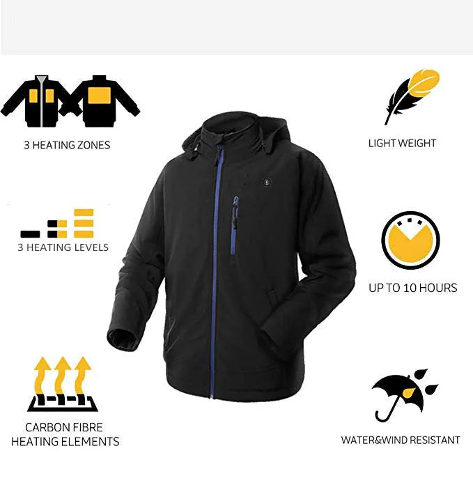 Black USB heating winter coat for men with zipper pockets and long sleeves