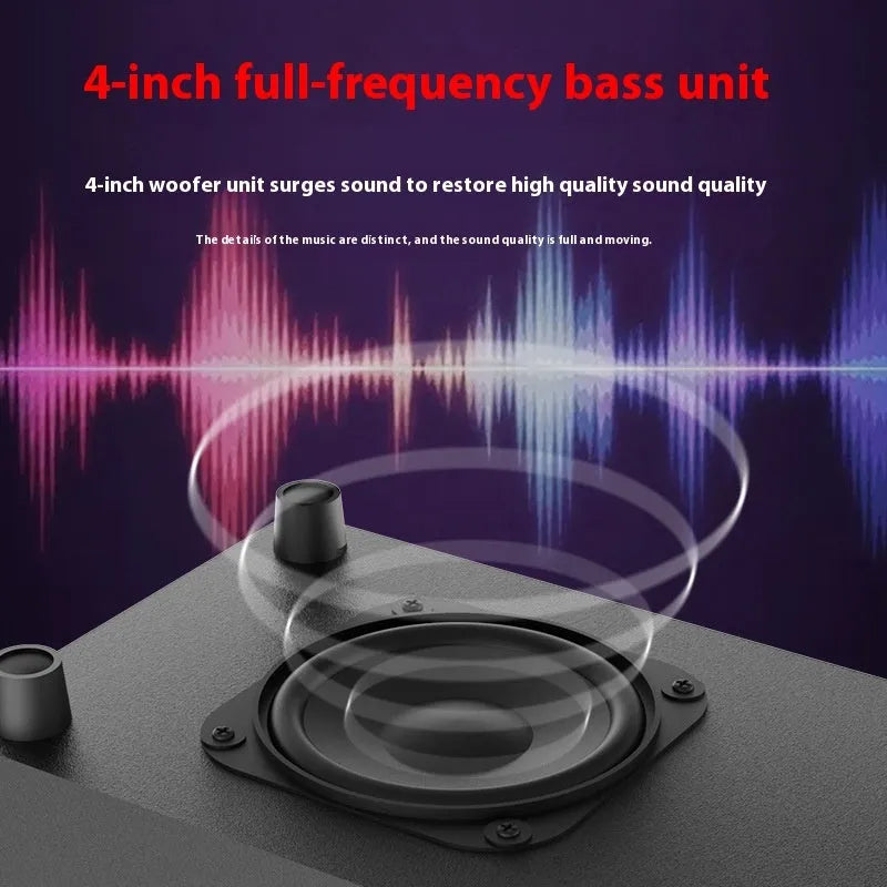 Wooden 21 multimedia speaker with knob controls, USB power, and bass boost