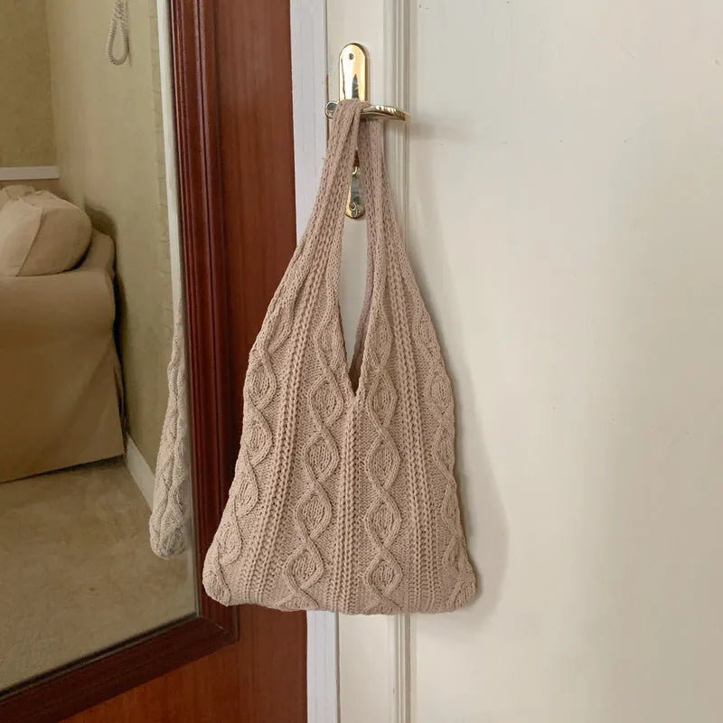 Retro hollow knitted polyester shoulder tote bag in large 55cm size with double straps.