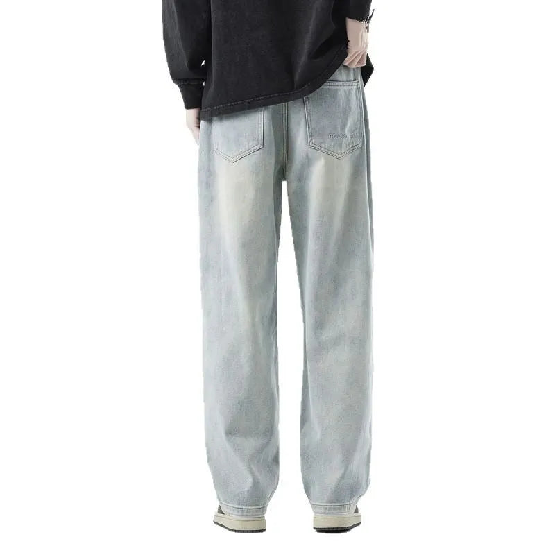 Men's hole vintage straight-leg distressed denim jeans in black grey, loose fit