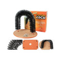 Arched cat grooming toy with integrated brush bristles for scratching and self-grooming