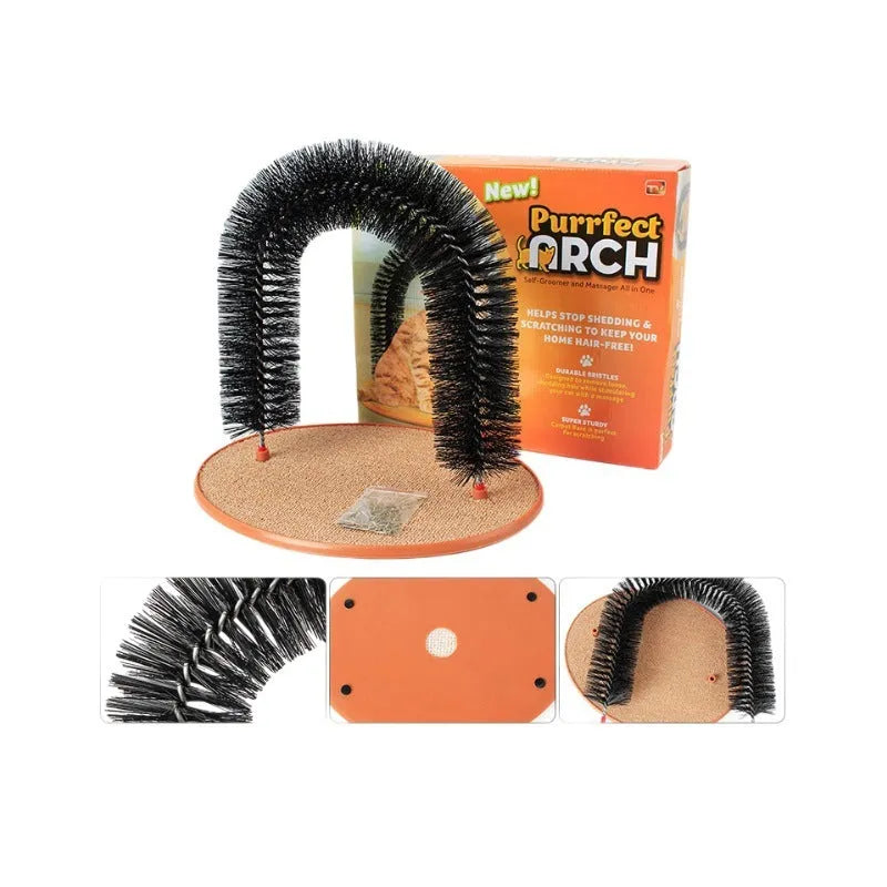 Arched cat grooming toy with integrated brush bristles for scratching and self-grooming