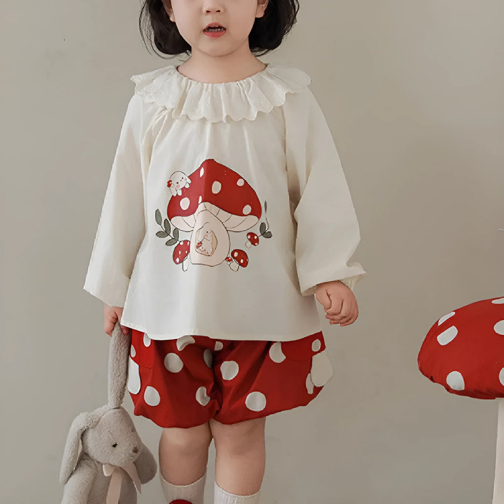 Children's cotton cartoon mushroom suit in beige with long sleeves and trousers for toddlers
