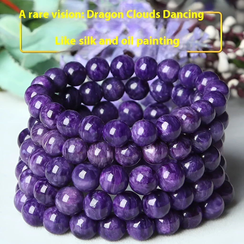 Natural transparent charoite crystal bracelet with platinum setting, showing bead size options.