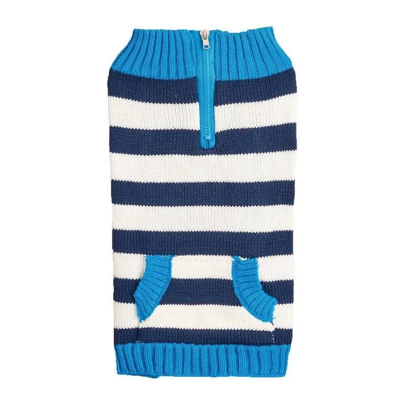 Blue acrylic dog jumper with a front zipper and button pocket for a small dog.