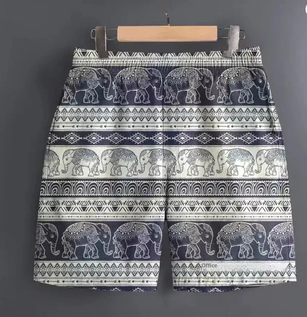 Men's polyester casual shorts in camouflage pattern on a size chart background.
