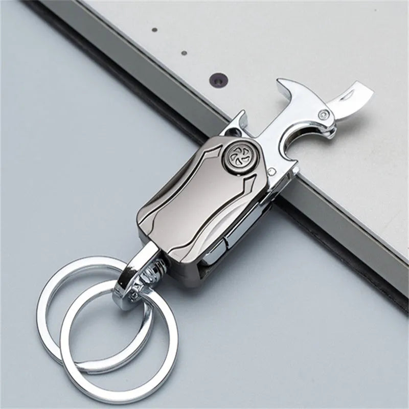 3-in-1 fidget spinner keychain with pocket knife and beer bottle opener in polished chrome-plated alloy