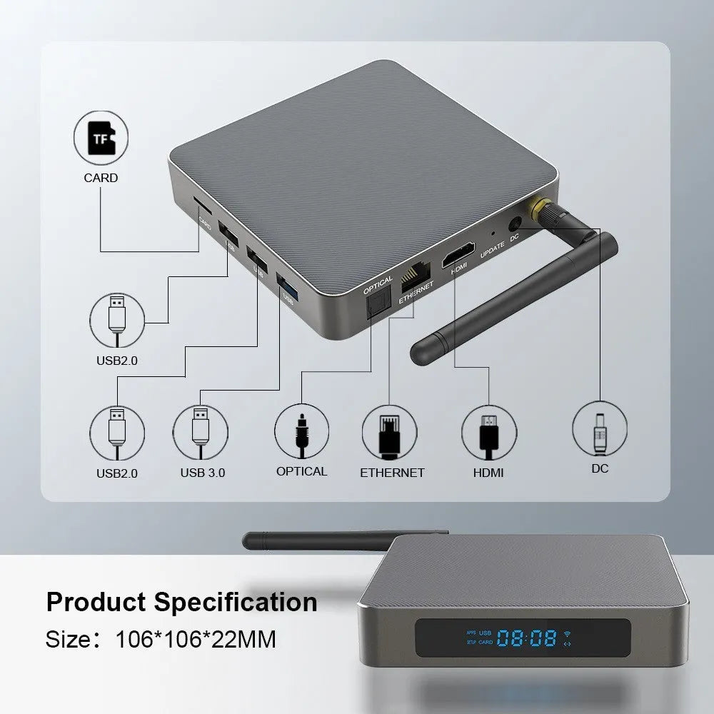 Android TV set-top box with 8K resolution support and Bluetooth connectivity