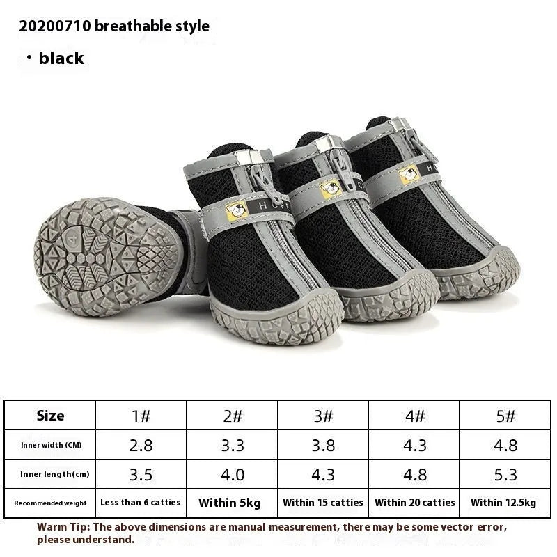Waterproof non-slip breathable dog shoes, four-piece set, five sizes, nine colours including mesh and waterproof uppers