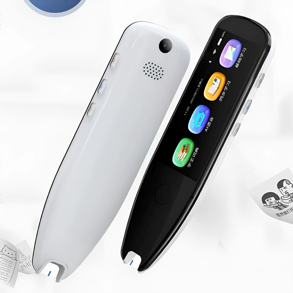 X5PRO Smart Translation Pen with 35-inch screen, ABS body, metal button, black colour, side view showing scan tip and screen
