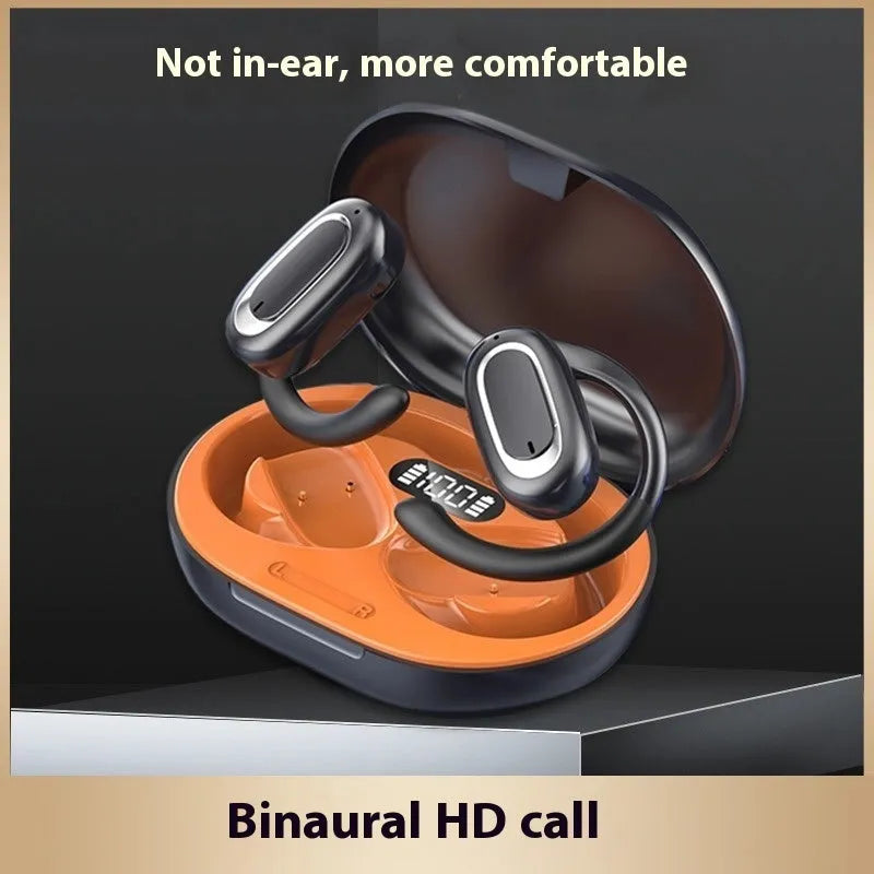Wireless Bluetooth headset with digital display screen, ear-hook design, black orange colour, noise reduction sports earphones