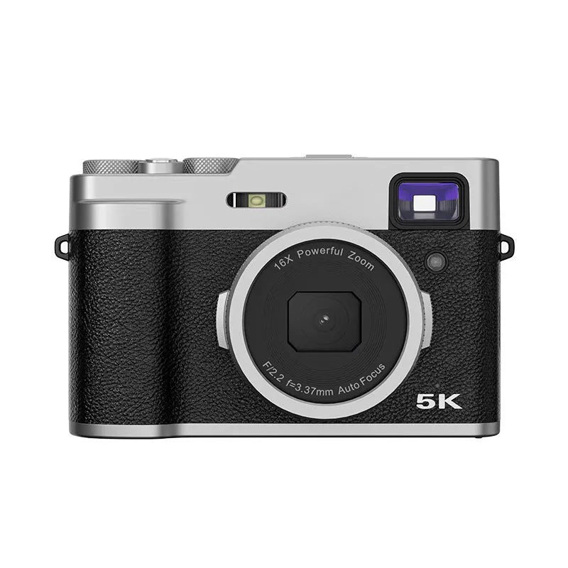 Black 5K digital camera with dual lenses and an optical viewfinder on a 2.88-inch screen.