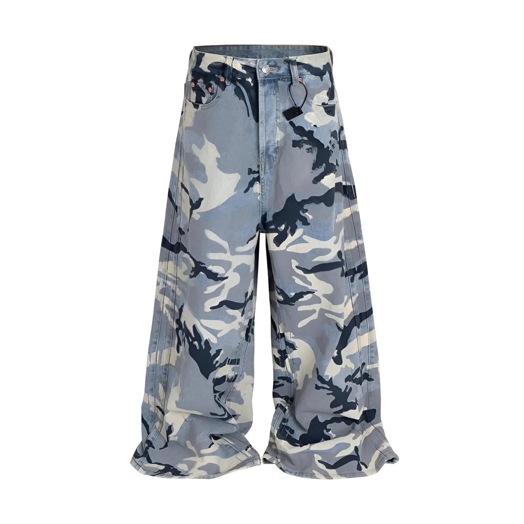 Snow camouflage blue jeans loose fit micro-elastic denim trousers mid waist