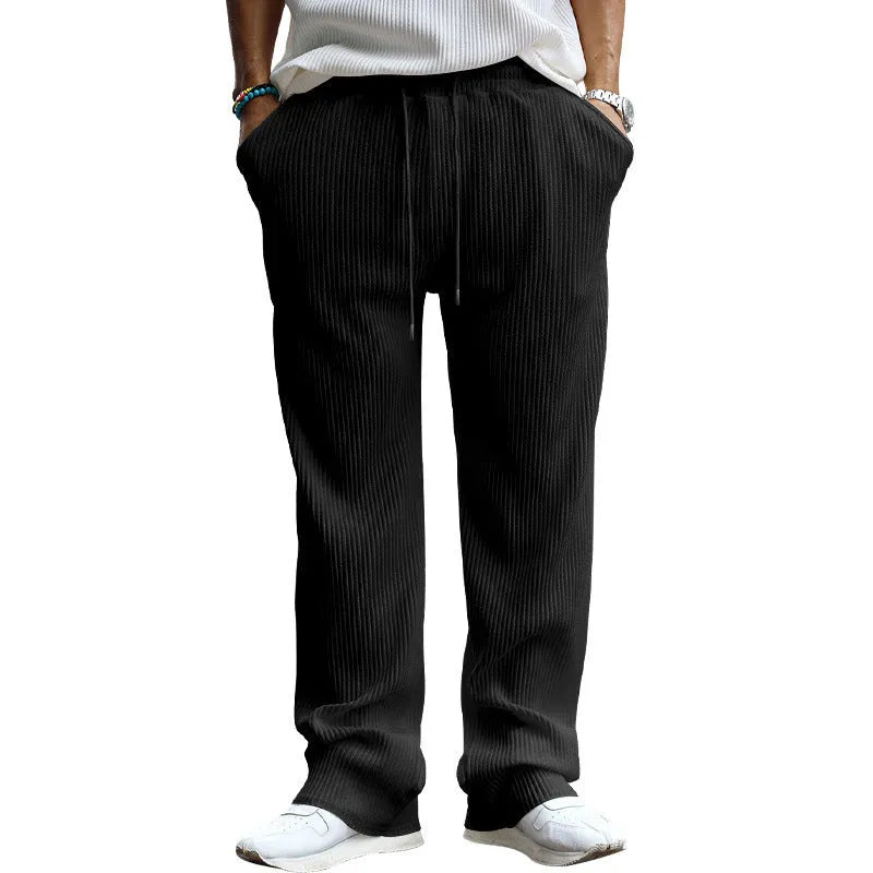 Men's loose fit striped high waist straight leg trousers in polyester fabric