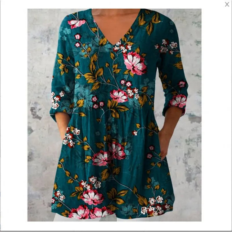 Women's printed loose wave dress with 3/4 sleeves and wide waist in colourful pattern