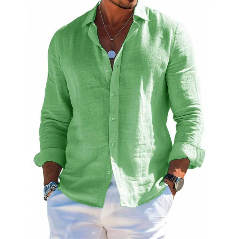 Men's long sleeve casual loose lapel button shirt in solid colour, sizes S to 6XL, polyester fibre